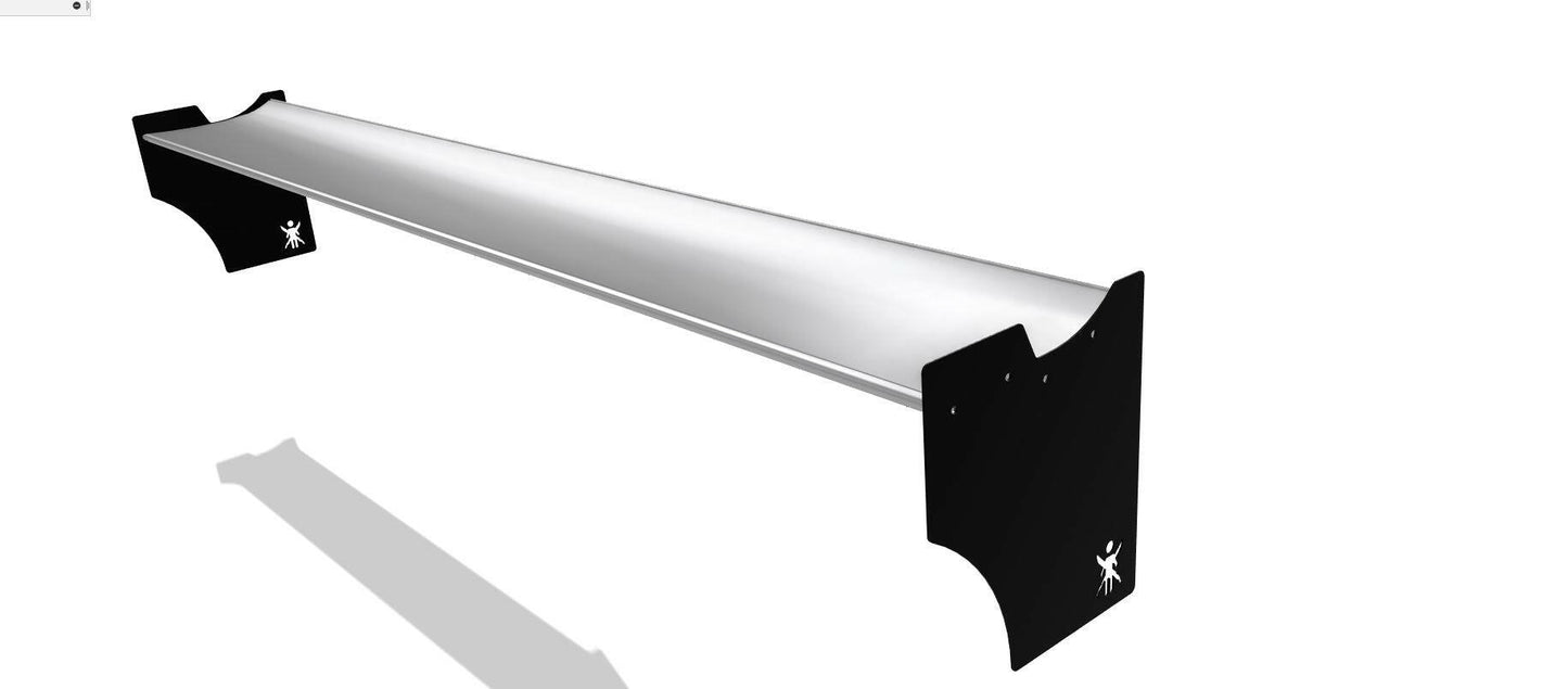 A sleek, minimalist wall shelf featuring a white horizontal surface and black metal brackets on either end that evoke the design of the 9livesracing Camaro Wang 2016+ 6th Gen chassis mount, installed against a white background.