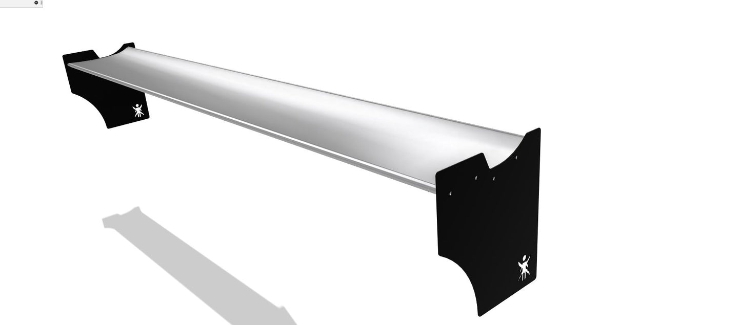 The Civic Hatch EG Wang kit 92-95 by 9livesracing features a sleek, modern metal wall-mounted shelf with black triangular brackets on each end and a silver-colored horizontal surface. The brackets bear a small, white, abstract logo near the bottom, and the design hints at aerodynamics with its impeccable lift-to-drag ratio. The shelf casts a shadow on the white background.