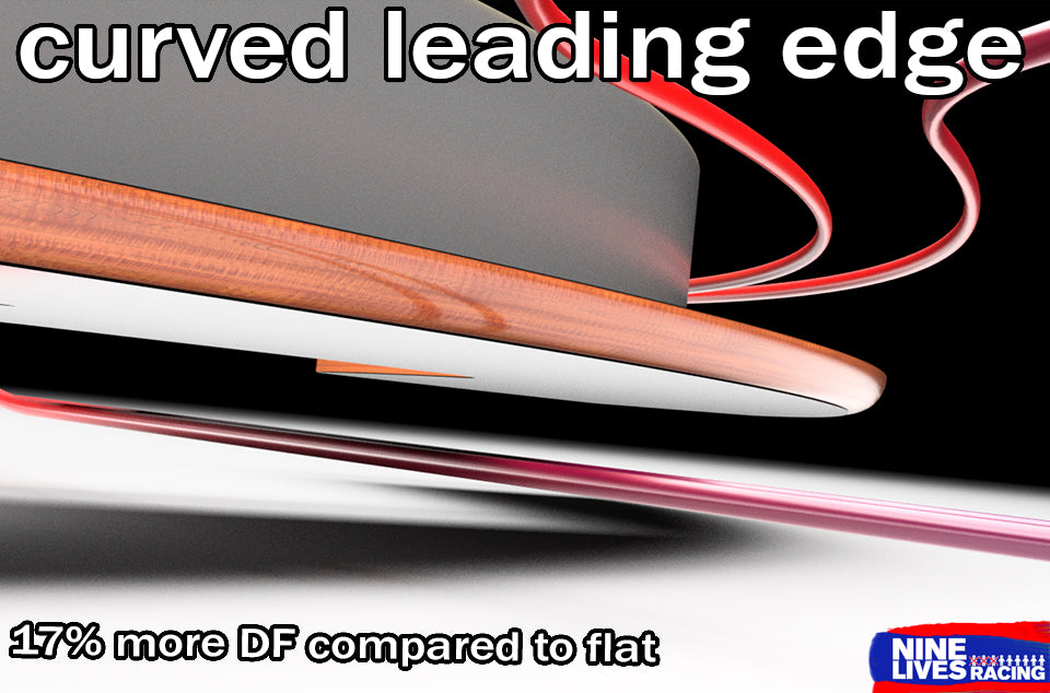 Close-up of a curved leading edge with text and Nine Lives Racing logo. curving the aplitters leading edge increases performance 17%
