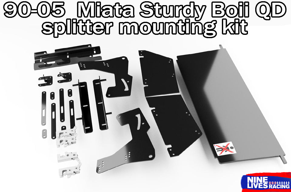 90-05 Miata Sturdy Boll QD splitter mounting kit with Nine Lives Racing logo on a white background