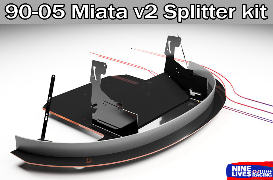 A black chassis mount Mazda Miata Splitter (1990-05 NA/NB) by 9livesracing is displayed against a grey backdrop. The product features a curved design with mounting holes, enhancing downforce. The Nine Lives Racing logo and the text "Stronger, Stiffer, Ships faster" are shown at the bottom of the image.