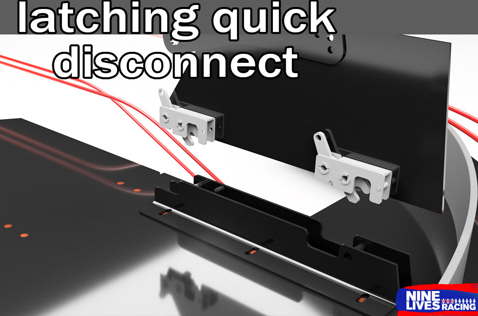 Latching quick disconnect mechanism with text and branding on a white background