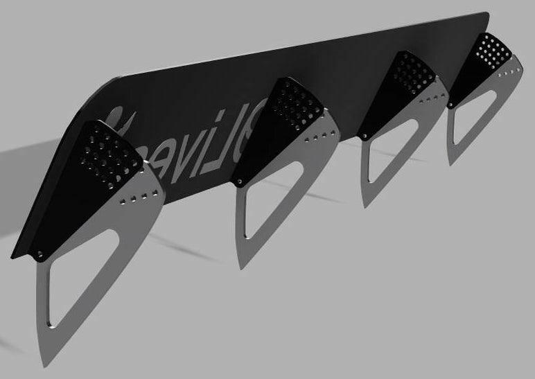 The C10 1967-72 Truck Spoiler Kit from 9livesracing is a black racing car spoiler made from 6061 aluminum. It features a sleek design with the word "MLive" partially visible on its surface. The spoiler is mounted with four triangular metal brackets underneath for support, engineered with multiple small holes to reduce weight and increase downforce.