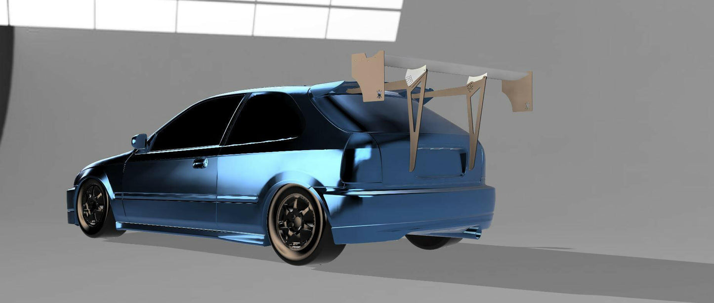 A sleek Civic Hatch Ek Wang kit 96-2000 from 9livesracing, with dark-tinted windows, is parked inside a gray garage. The car features a large, distinctive aluminum wing and black alloy wheels, giving it an aggressive and modified appearance. Bright lighting highlights the car's shiny surface.