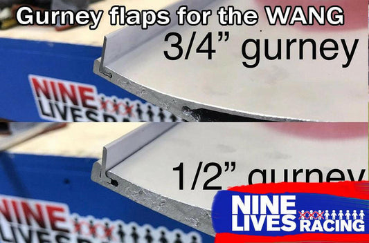 Image showing two close-up views of Gurney Flaps for a race car wing by 9livesracing. The top view displays a 3/4 inch flap, while the bottom view shows a 1/2 inch flap. The background includes a blue sign with the text "NINE LIVES RACING." The caption reads "Aluminum Gurney flaps for the