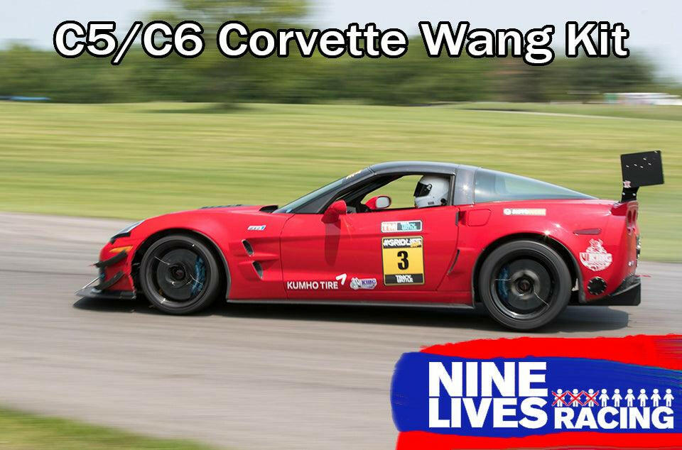 A red Chevrolet Corvette, outfitted with the Corvette Big Wang Chassis Mount ’97-13 C5/6 by 9livesracing, speeds down a track. The car showcases the number 3, sponsor stickers, and a prominent extruded aluminum rear spoiler for an optimized lift-to-drag ratio. The image includes the text "C5/C6 Corvette Wang Kit" at the top and "Nine Lives Racing" at the bottom right.