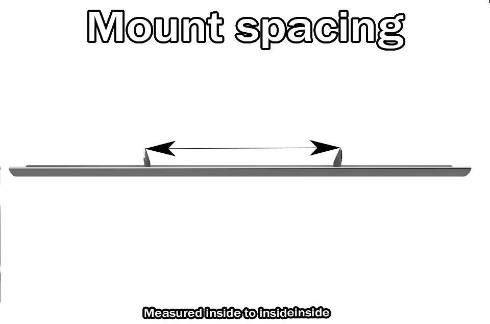 Diagram illustrating the mount spacing of a flat, rectangular object, such as a shelf. The mounts are shown by two triangular supports with a double-headed arrow between them, specifying the distance to measure from inside to inside. Text reads, "Mount spacing by 9livesracing - The Builder's Big Wáng - Spec Your Own Size.