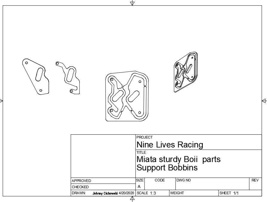 A technical drawing from 9livesracing showcases three views of a component titled "Miata Sturdy Boii Replacement Parts - NA/NB." The drawing, which includes detailed schematics and dimensions, features Miata replacement parts and is approved by Johnny Cichewicz on 4/20/20.