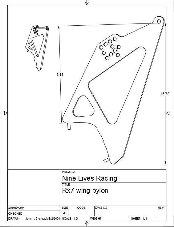 Technical drawing labeled "9livesracing" featuring the "Fc Rx7 Wing Mounts - Pylons Only." The pylon design, part of the 9livesracing mount kit, includes multiple small circular holes and geometric cutouts. The main view has dimensions of 9.45 inches in width and 13.72 inches in height. Axonometric view is also included.