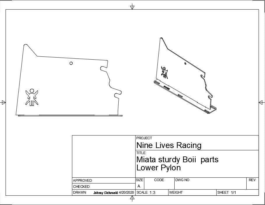A technical drawing for 9livesracing illustrates two views of the "Miata Sturdy Boii Replacement Parts - NA/NB." The left side features an orthographic view, while the right side displays an isometric view. The notes section provides information on the drafter, checker, as well as details regarding powder coat upgrades and Miata replacement parts.