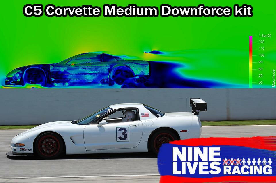 A white '97-04 C5 Corvette equipped with the 9livesracing Medium Downforce Kit, numbered 3 and featuring an American flag, speeds down a track. Above it, a colored airflow simulation image illustrates the aerodynamic downforce. In the bottom right corner, a "9livesracing" logo adorned with stylized cat paw prints is visible.