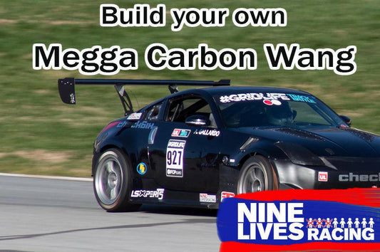 A black racecar speeds on a track with a large pre-preg carbon wing. The text at the top reads, "Build your own 9livesracing Carbon." The bottom right corner features a logo that says "9livesracing" in white and red text on a blue and red background.