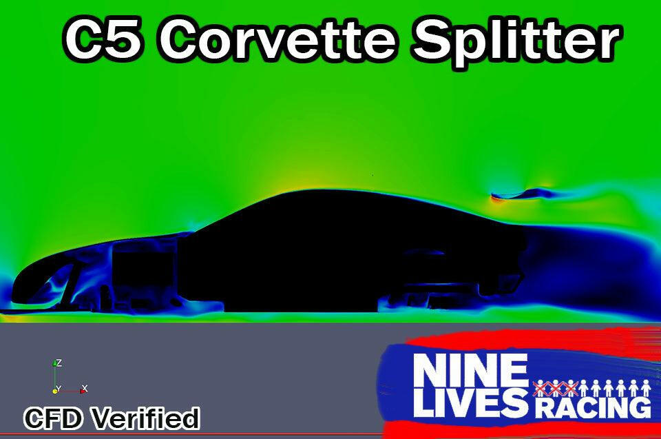 A side-profile image of a C5 Corvette featuring color gradients from green to blue, demonstrating airflow over an aerodynamic kit and the Corvette Medium Downforce Kit ‘97-04 C5. "C5 Corvette Splitter" is displayed at the top, while "CFD Verified" with coordinate axes is positioned at the bottom left. The brand name "9livesracing" appears at the bottom right.