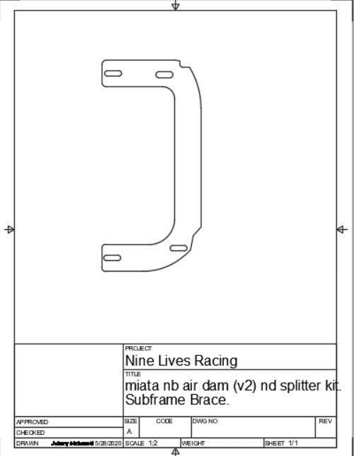A technical drawing titled "9livesracing - Miata Sturdy Boii Replacement Parts - NA/NB." The page includes a detailed diagram of a subframe brace with dimensions and notes on powder coat upgrades. It is signed by Johnny Bicknell, dated 5/28/2023, and marked sheet 1 of 1.