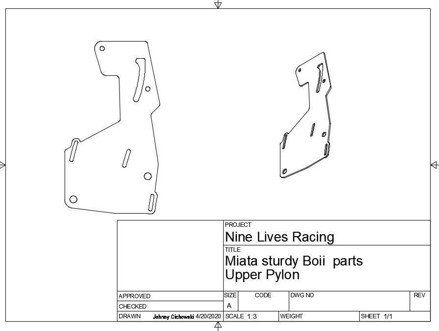 A technical drawing labeled "9livesracing" showcasing Miata replacement parts titled "Miata Sturdy Boii Replacement Parts - NA/NB." The sheet provides details such as approval, checking, and drawing dates. These parts are ideal for those seeking powder coat upgrades or aluminum wings and feature several holes and cuts for attachment and functionality.