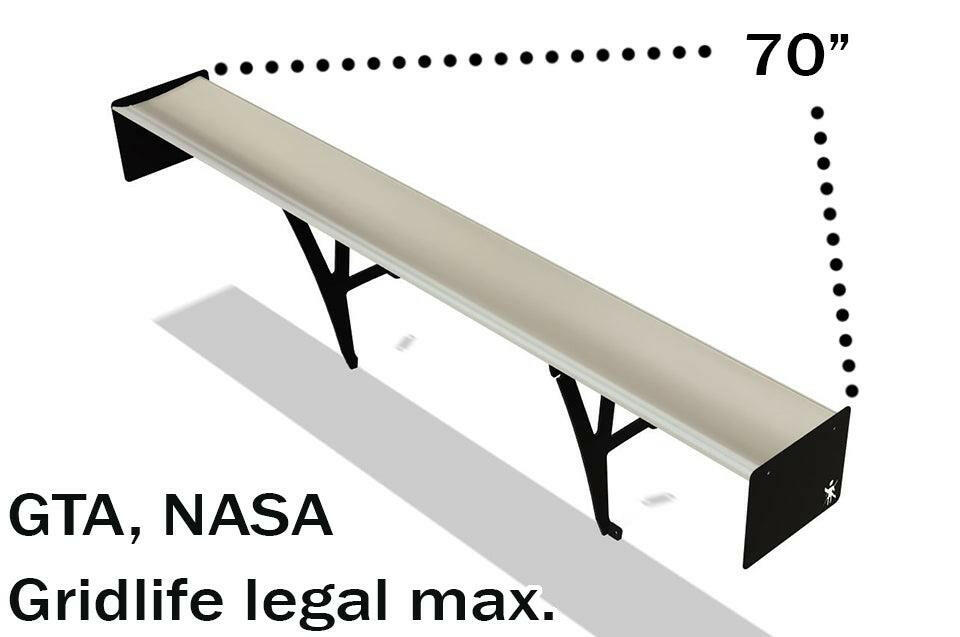An illustration of the 9livesracing Subaru Impreza / WRX / STI Big Wang kit 14-21 VA with dimensions noted by a dotted line around its 70-inch width. The text at the bottom reads "GTA, NASA Gridlife legal max." The high downforce racing wing is mounted on two vertical supports.