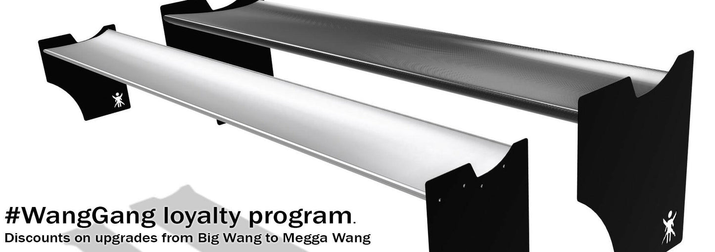 A promotional image for the #WangGang loyalty program, showcasing side-by-side comparisons of two different car wing designs labeled "Big Wang Kit" and "Mëgga Wang". Text at the bottom reads, "Discounts on upgrades from BMW M2 CS Racing Big Wang Kit to Mëgga Wang." Perfect for 9livesracing enthusiasts seeking extra down-force.