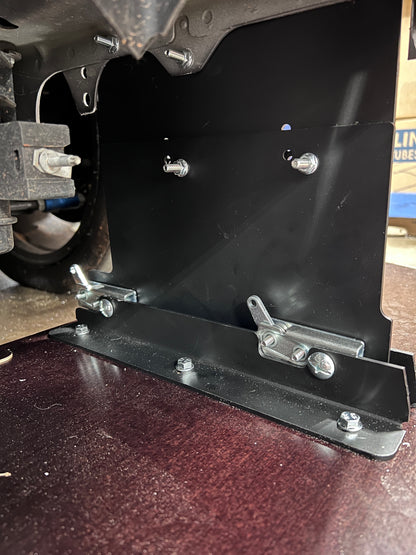 photos of the nine lives racing S197 splitter mounts installed which the quick release latches holding the splitter. 