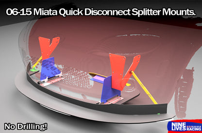 3D model of a car with quick disconnect splitter mounts on a gray background, featuring Nine Lives Racing branding.