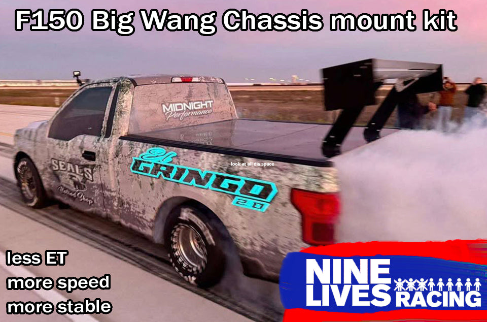 The image shows a pickup truck with a large rear wing attached to the chassis, marketed as the 'F150 Big Wáng Chassis mount kit'. The truck is participating some sort of racing event, indicated by the 'GRINGO' livery and racing decals.