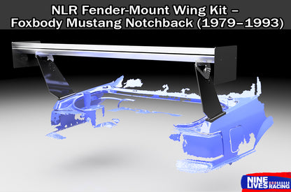 NLR Fender-Mount Wing Kit for noprep Foxbody Mustang Notchback with product name and brand displayed.