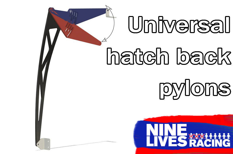 Image shows a product by 9livesracing, featuring Universal Hatchback Wing Pylons. The black pylons have an aerodynamic design and boast blue and red adjustable mount brackets. The image includes the text "Universal Hatchback Wing Pylons" and the 9livesracing logo.