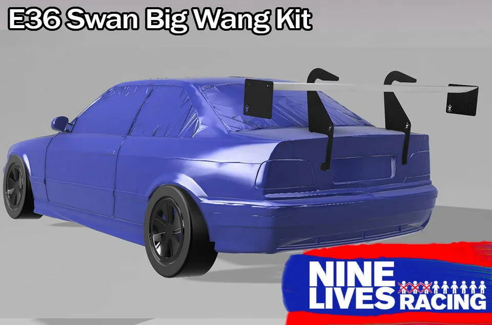 A blue car with black wheels is equipped with a large rear wing, specifically the "3-Series Big Wang Kit '90-00 E36," featuring high-efficiency extruded aluminum wings. The background is plain gray. In the bottom corner, there's a logo for "9livesracing" in blue and white text with a red and blue graphic.