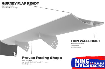 Image of the Civic Sedan Wang kit '06-11 FA5 with multiple callouts highlighting features. Text includes "Gurney Flap Ready," "Thin Wall Built," "Proven Racing Shape," and "9livesracing." Features emphasize easy installation, lightweight design, superior airfoils for increased down-force, and race-proven performance.