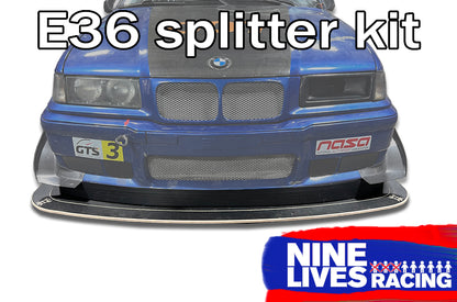 A BMW E36 splitter kit by Nine Lives Racing, showing the front of a blue BMW with the splitter installed, along with the brand logo and contact information.