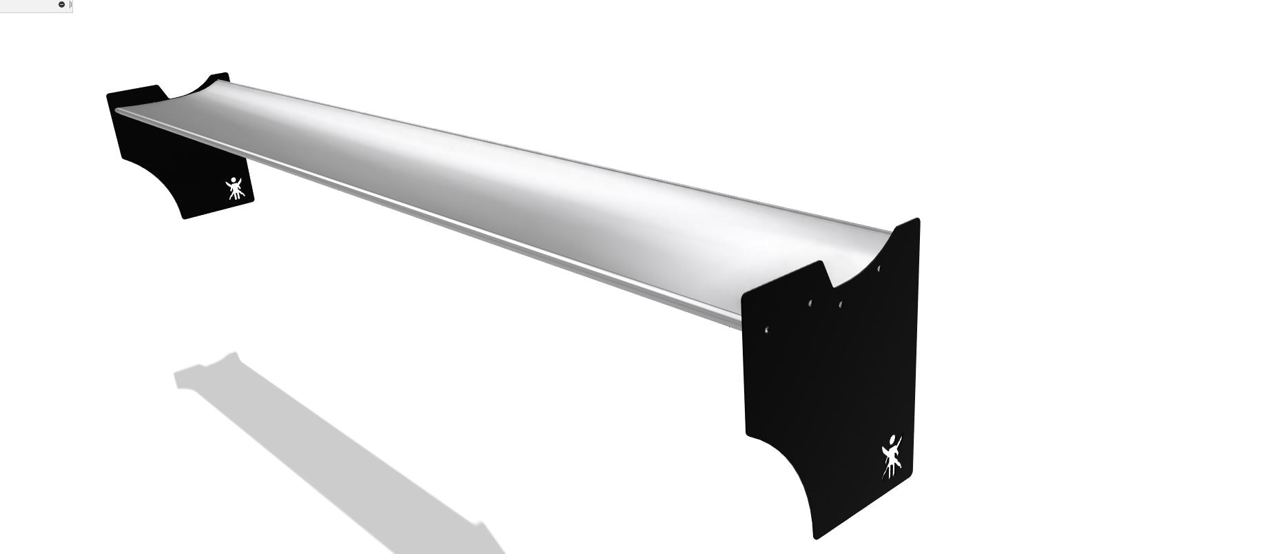 The Civic Hatch EG Wang kit 92-95 by 9livesracing features a sleek, modern metal wall-mounted shelf with black triangular brackets on each end and a silver-colored horizontal surface. The brackets bear a small, white, abstract logo near the bottom, and the design hints at aerodynamics with its impeccable lift-to-drag ratio. The shelf casts a shadow on the white background.