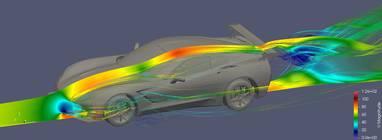 A simulation image showing aerodynamic airflow around a sports car with the Corvette splitter kit C7 featuring Sturdy Boii mounts by 9livesracing. Colorful streamlines illustrate air pressure distribution, with warmer colors indicating higher pressure and increased downforce. The grey car is set against a dark blue background, and a color legend is on the right side.