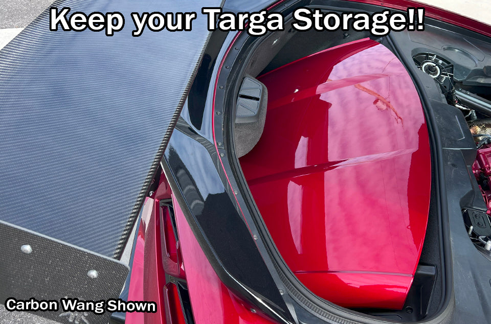 Image of a car trunk with the Targa top storage space visible and a carbon fiber panel also shown. The text at the top reads, "Keep your Targa Storage!!" and at the bottom, "9livesracing Big Wang GT3 Shown." The Targa top is partially open, revealing a red interior.