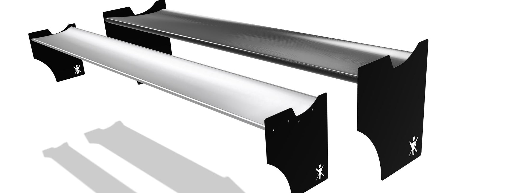 Two stacked, sleek black and white shelves with curved ends and trapezoidal side supports are depicted against a white background. The modern design of the Evolution 10 Big Wang kit by 9livesracing, featuring a small logo of a stick figure on the sides, mimics the graceful lines of aluminum wings, adding an element of sophistication.
