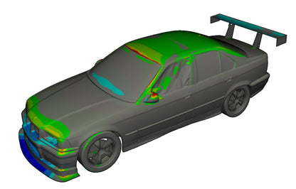 3D rendering of a BMW E36 car with a medium downforce kit including a splitter, wing, and other aerodynamic components.

