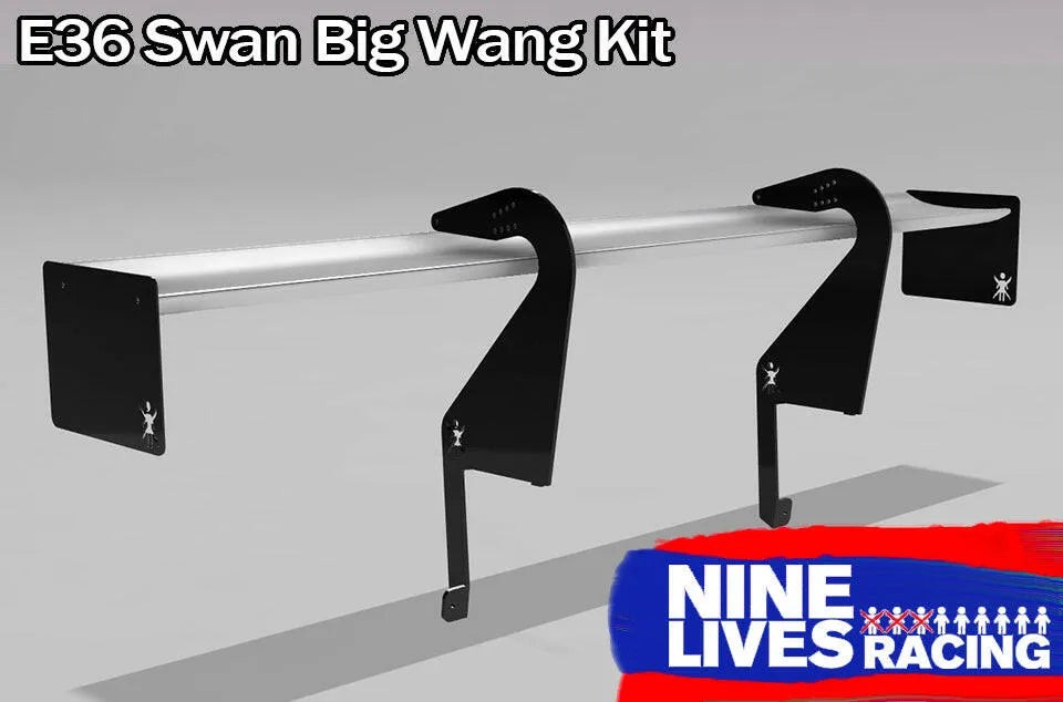 Image of a 3-Series Big Wang Kit '90-00 E36 by 9livesracing. The kit features a large rear wing with swan neck mounts for optimal lift-to-drag ratio. The logo of 9livesracing is displayed at the bottom right, featuring a design of nine stick figures running, set against a red and blue background.