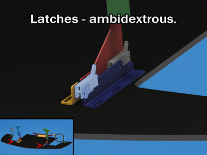 Ambidextrous latch mechanism for the nine lives racing Chevy Corvette C6 quick release splitter kit on a black background with text.