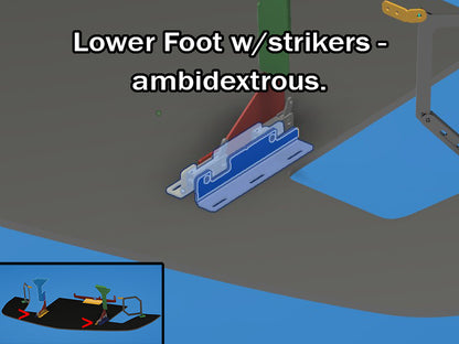 Illustration of a lower foot with strikers labeled 'ambidextrous' for the nine lives racing Chevy Corvette C6 quick release splitter kit on a gray background.