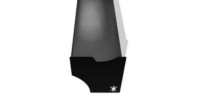 A close-up view of a black knife blade from the Integra Wing Kit '94-01 by 9livesracing, featuring a textured surface. The knife is partially inserted into a black sheath with downforce adjustments similar to those on extruded aluminum wings. A small white logo with a stylized figure is visible on the sheath’s lower corner, set against a plain white background.