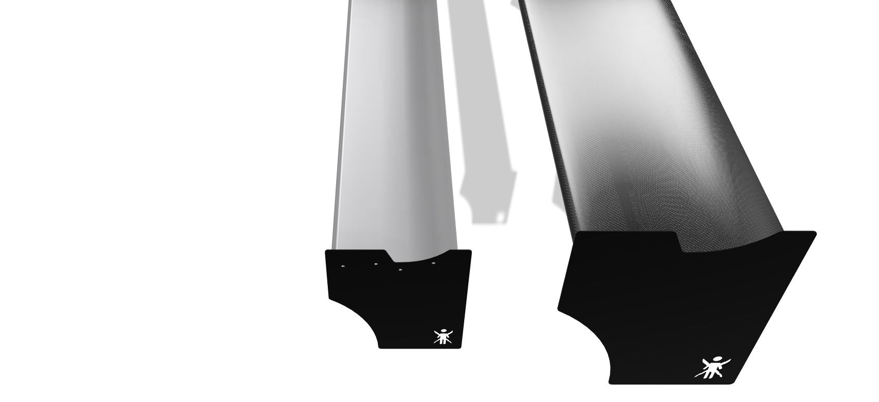 Two metallic structures with black sections at the ends, standing vertically against a white background. The black sections feature a small human figure icon, reminiscent of the 3-Series Big Wang Kit '97-06 E46 from 9livesracing. The extruded aluminum wings create sharp angles that cast distinct shadows.