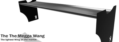Image of the Integra Wang kit '94-01 car spoiler with end plates, showcasing 9livesracing branded logos. Text on the left reads, "The Megga Wang." A smaller subheading below states, "The lightest Wing on the market, featuring Big Wang GT3 downforce adjustments for maximum performance.