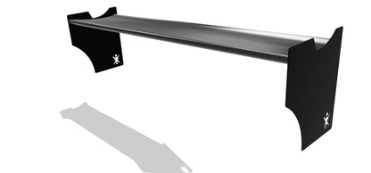 A sleek, black metal shelf with end pieces featuring a minimalist design. The ends are shaped like brackets, each with a small, white abstract logo at the bottom center. Inspired by the precision found in 9livesracing's BMW Z4 Big Wang Kit (2003-08 E85), the shelf casts a shadow on the white background.