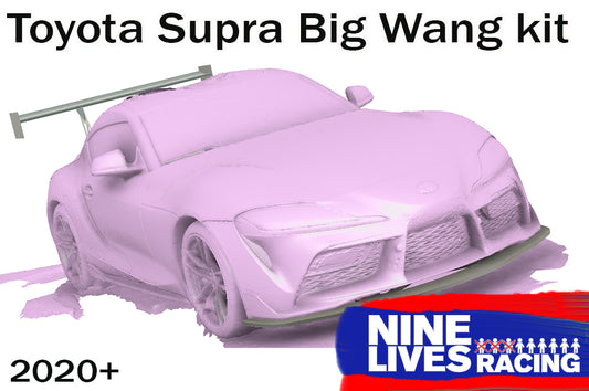 A digital rendering of a modified Toyota Supra with a large rear wing. The text "Supra Big Wang Kit '20+ A90" is at the top, and "9livesracing" along with a logo is at the bottom right. The light purple rendering showcases extruded aluminum wings labeled "2020+" in the bottom left.