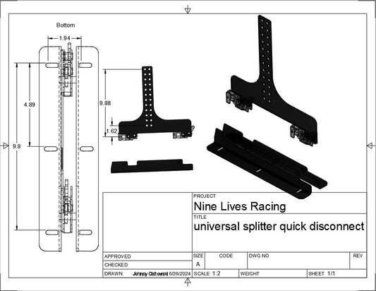 A technical drawing showcases various angles of the Chassis Mount Splitter Quick Release Kit by Nine Lives Racing. The detailed schematic includes front, top, and side views with dimensions, a 3D-rendered assembly, and a project information box in the bottom right corner.