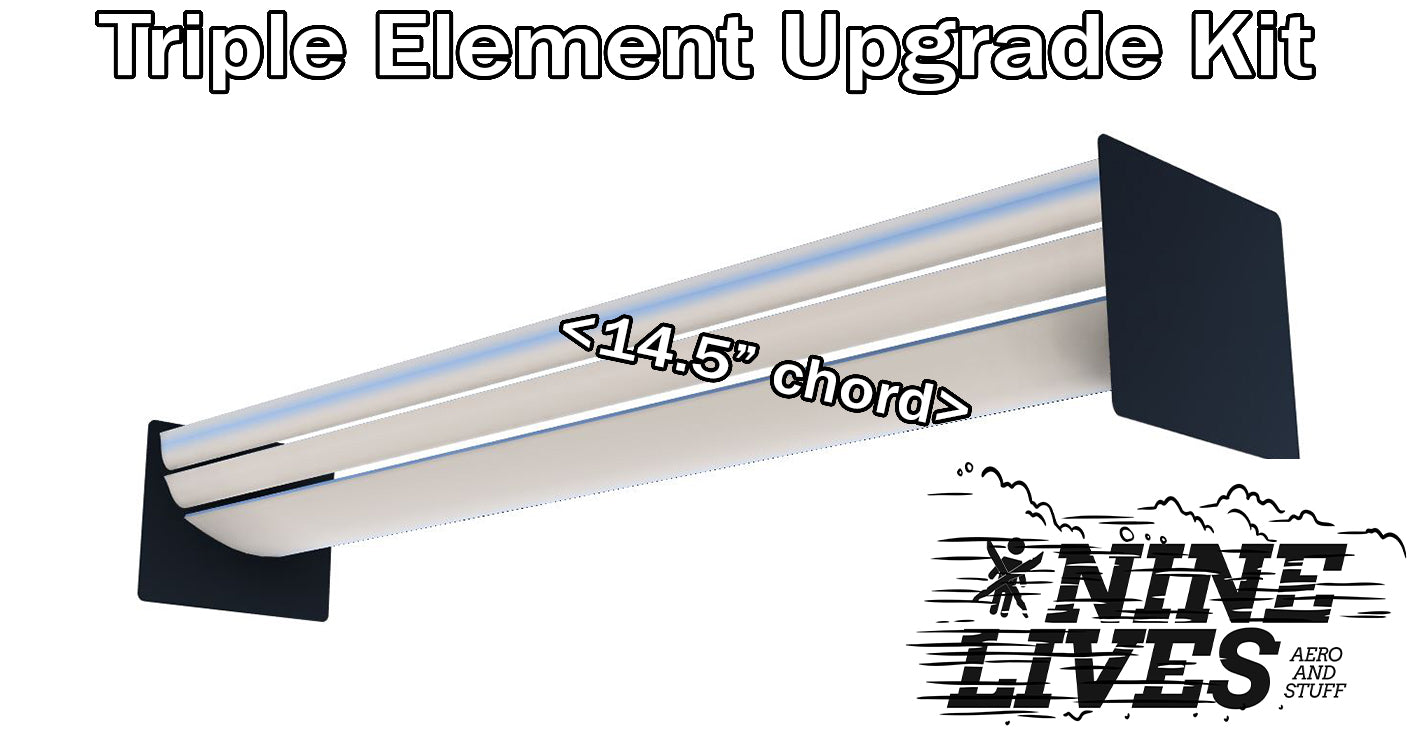 An aero kit labeled "The Triple Element Kit" is shown. The image features a metallic aerodynamic component with a labeled 14.5-inch chord that enhances downforce. The bottom right corner displays the logo for 9livesracing, with the text "Nine Lives Aero and Stuff.