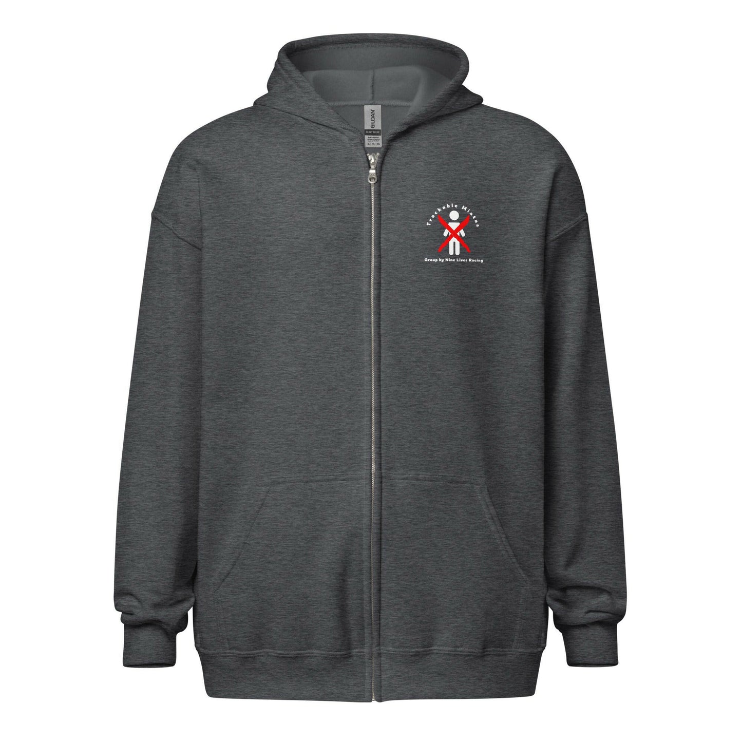 The Warm Wang Gang Zip Up by Nine Lives Racing is a dark gray hoodie that features a small logo on the left chest. The logo showcases a white and red design with circular text above and below it. This soft fleece hoodie includes a sturdy metal zipper, two pockets, and a hood with drawstrings for added comfort.