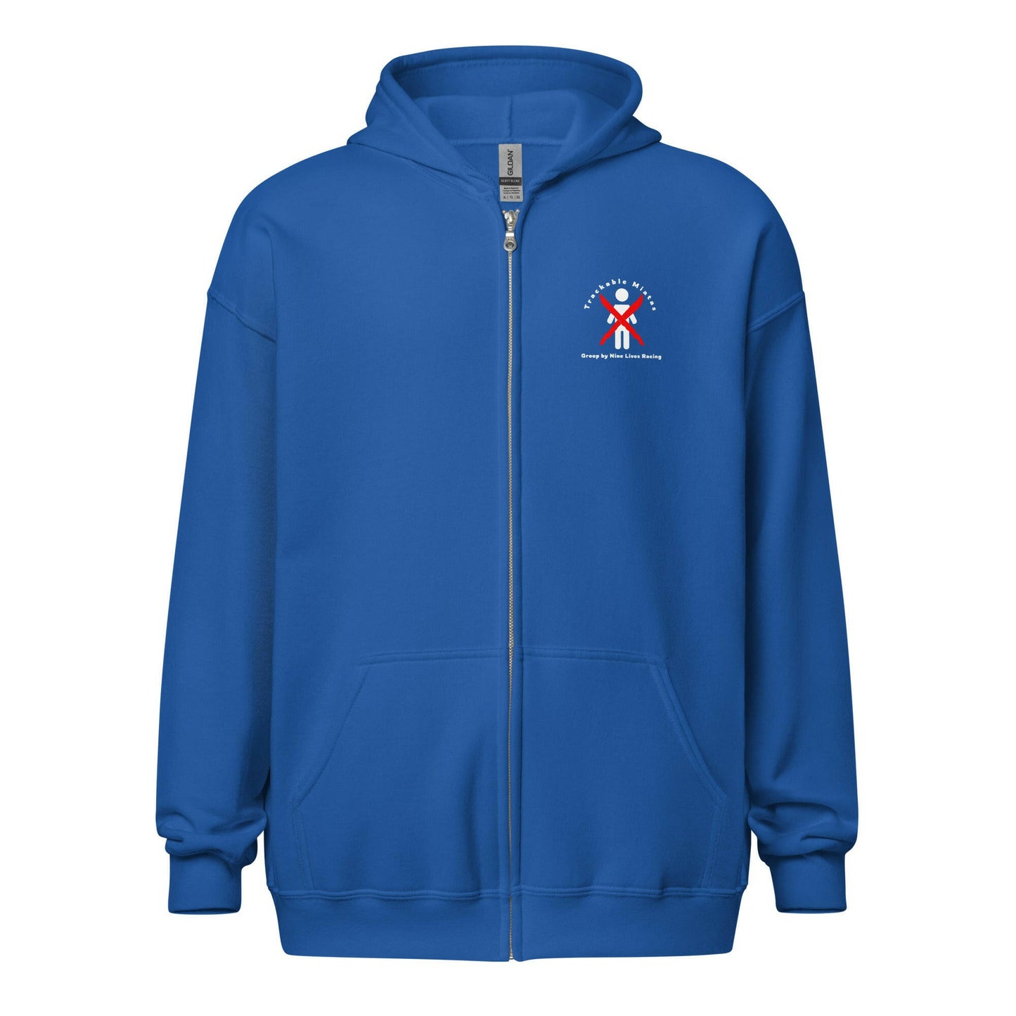 The Nine Lives Racing Warm Wang Gang Zip-Up is a blue hoodie featuring a small, embroidered logo on the left chest. The logo showcases a stylized person with outstretched arms inside a circular emblem, with text underneath. Made from soft fleece, the hoodie includes front pockets, a metal zipper, and a drawstring hood.