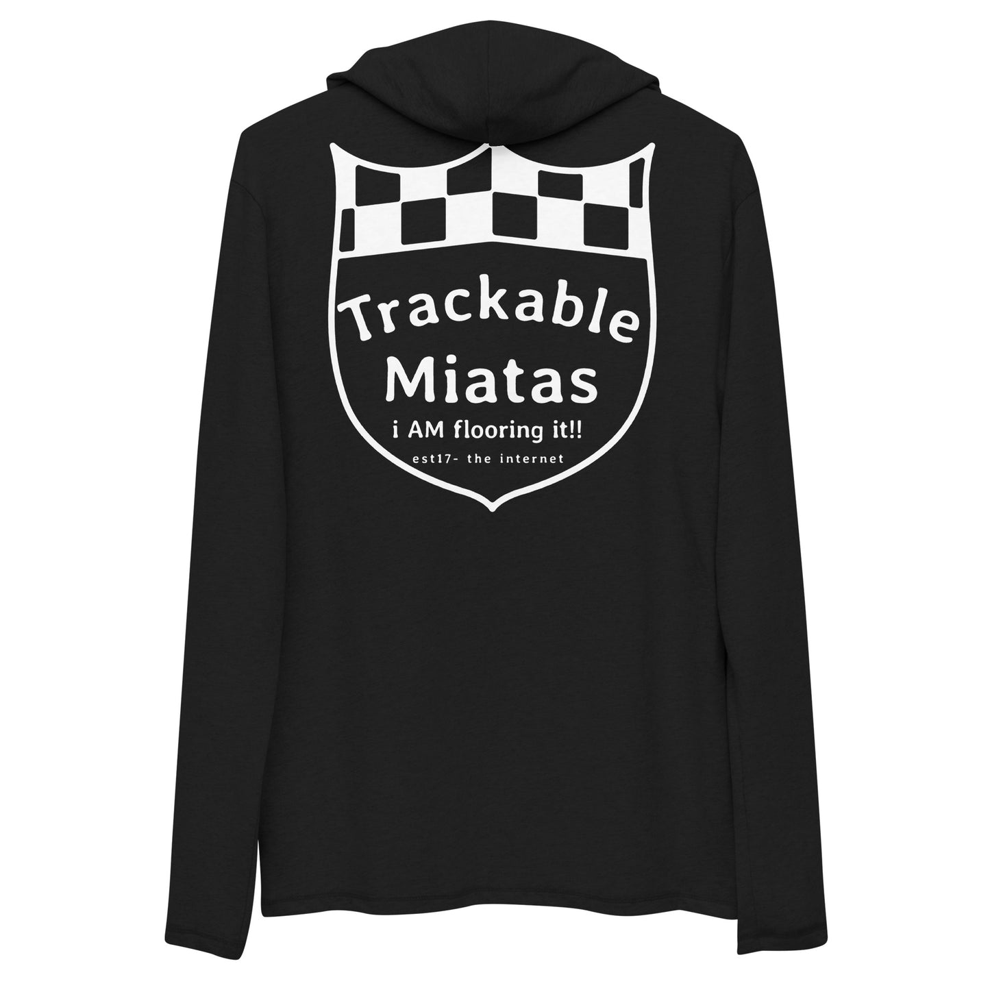 Introducing the Warm Wang Gang Pullover Hoodie by Nine Lives Racing. This black, breathable hoodie features a striking large white graphic on the back. The design resembles a shield with a checkered top, featuring bold text that reads "Trackable Miatas," followed by "i AM flooring it!!" and "est. 17 - the internet" below. Perfect for both fashion layering and on-demand production needs.