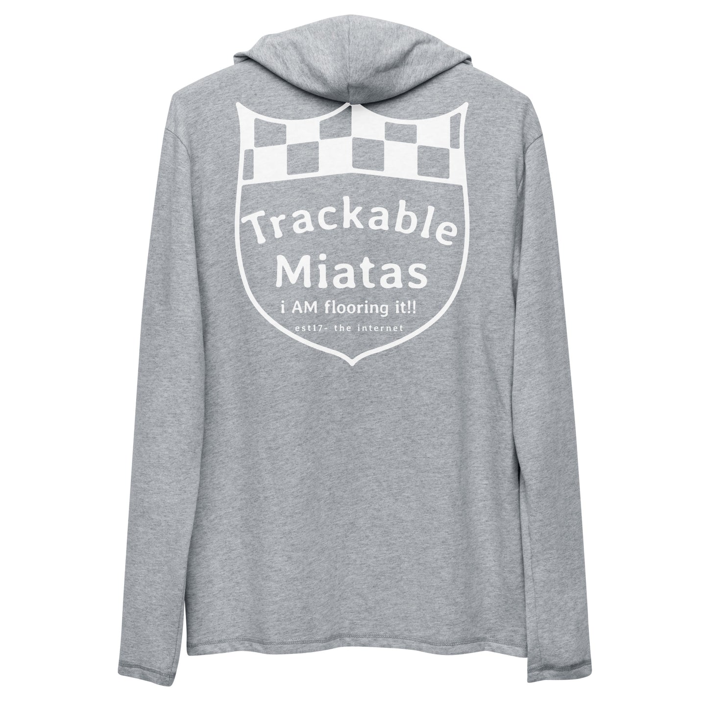 The Warm Wang Gang pullover hoodie from Nine Lives Racing is a gray, breathable hoodie featuring a white graphic of a shield on the back. The shield has a checkered pattern at the top with "Trackable Miatas" in large letters and "i AM flooring it!! est1987. the Internet" in smaller text below, making it perfect for layering fashion or on-demand production.