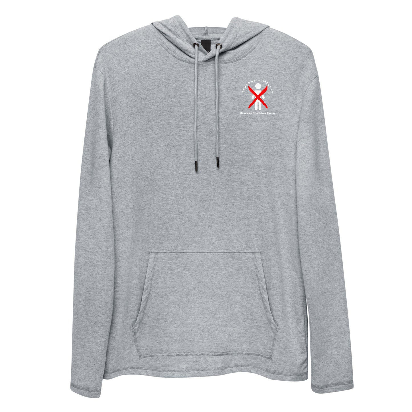 A light gray, breathable hoodie from Nine Lives Racing is shown with a front pocket and drawstrings. The top left features a small red and white logo with crossed paddles and text that reads "Huron River Canoe Outfitters." Named the Warm Wang Gang pull over Hoodie, this piece blends comfort with style seamlessly, making it perfect for layering fashion.