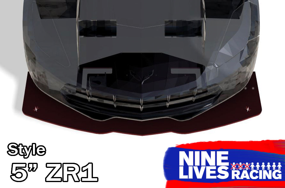 A computer-generated image showcases a dark-colored car hood with an aggressive design. Text on the left reads "Style 5 ZR1" while the logo in the bottom right corner displays "9livesracing" in blue and red colors. Noteworthy is its Rocket Nose V2, enhancing downforce for peak performance. Additionally, it features the Corvette splitter kit C7 with Sturdy Boii mounts for added stability.